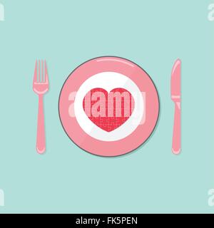 Puzzle heart on disk with fork and spoon. valentine 's day symbol. Vector illustration Stock Vector