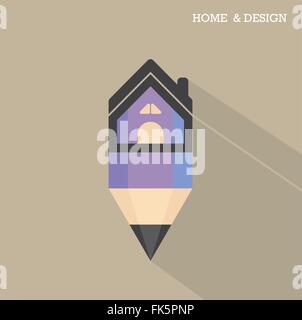 Home icon and pencil symbol in flat design style with long shadow. Vector illustration Stock Vector
