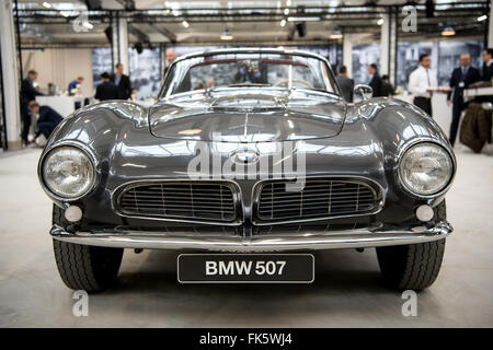 Munich, Germany. 07th Mar, 2016. A BMW 507 from 1959 can be seen during a press conference at BMW facilties in Munich, Germany, 07 March 2016. The Bayrische Flugzeugwerke aircraft manufacturer was founded on 07 March 1916 and later became the Bayrische Motoren Werke (Bavarian Motor Works) - BMW. Photo: SVEN HOPPE/dpa/Alamy Live News Stock Photo
