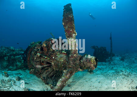 WWII plane wreck underwater with diver. Stock Photo