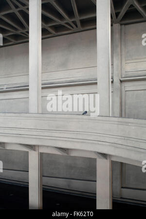 Lingotto building garage ramp in Torino Italy, built in 20s/30s. Details of the spiral style ramp that goes to roof top. Pigeon standing. Stock Photo