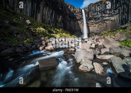 Svartifoss (Black Waterfall) and the Basalt Columns, Skaftafell, Vatnajokull National Park, Iceland, Polar Regions Stock Photo