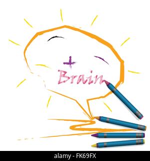Colorful pencil crayons with creative brain sign and positive thinking concept on paper, vector illustration. Stock Vector
