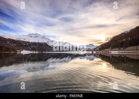 Snowy peaks and woods are reflected in Lake Silvaplana at sunset, Maloja, Canton of Graubunden, Engadine, Switzerland, Europe Stock Photo