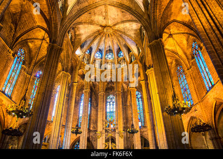 View from below on illuminated cathedral indoors. Stock Photo