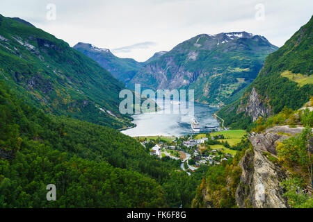 High view of Geiranger and Geirangerfjord, UNESCO World Heritage Site, Norway, Scandinavia, Europe Stock Photo