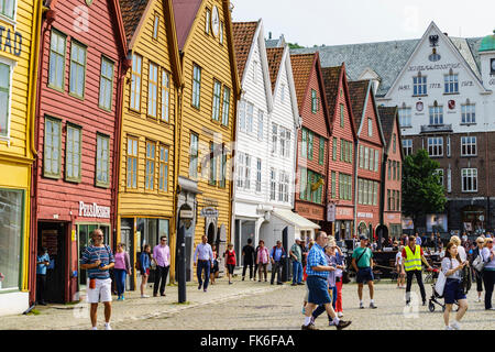 The wooden Hanseatic merchants buildings of the Bryggen, an ancient fjordside wharf, UNESCO, Bergen, Norway Stock Photo