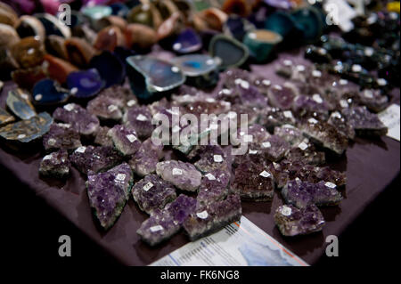 Purple amethyst gemstone pieces at Warsaw Mineral Expo 2016, 5th March, VI edition event in the Palace of Culture and Science Stock Photo