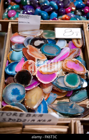 Various color agate gemstones slices on sale at Warsaw Mineral Expo 2016, 5th March, VI edition event in the Palace of Culture a Stock Photo