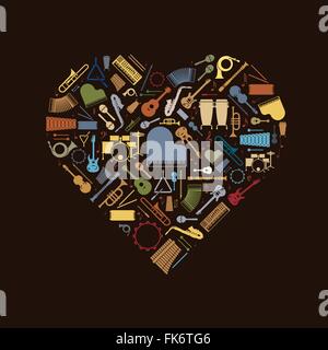 Variety of colorful musical instruments arranged in heart shape on black background Stock Vector