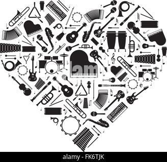 Variety of musical instruments arranged in heart shape Stock Vector