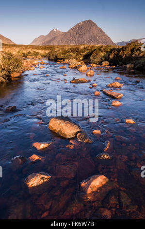 Early light over the River Coupall and Buachaille Etive Mor, Stob Dearg ...