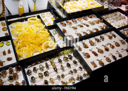 Amber bracelets and silver jewellery at Warsaw Mineral Expo 2016, 5th March, VI edition event in the Palace PKiN, Poland Stock Photo