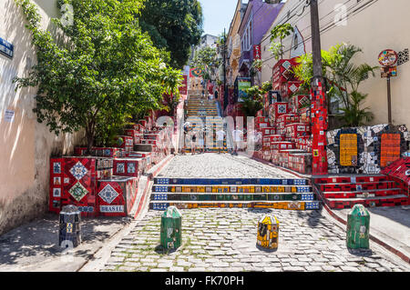 Tourists on the Stairway Selaron in Lapa, Rio de Janeiro, Brazil Stock Photo