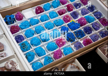 Blue and pink crystals gemstones at Warsaw Mineral Expo 2016, 5th March, VI edition event in the Palace of Culture and Science Stock Photo