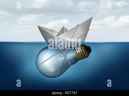 Business innovative solution and creative concept as a paper boat tied to a light bulb or lightbulb object as a success metaphor for smart corporate thinking solving economic and transportation challenges. Stock Photo