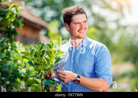 Handsome gardener with little tree, green sunny nature Stock Photo