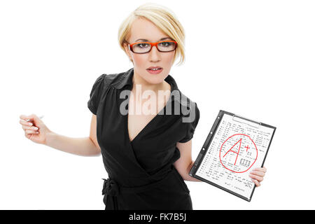 Blonde teacher in glasses holding test, A+ grade, passed Stock Photo