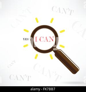 A magnifying glass finds the word I Can among many instances of Can't symbolizing a unique positive attitude and resilience to d Stock Vector