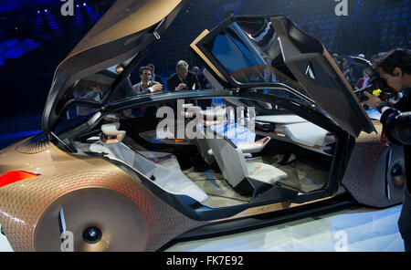 Munich, Germany. 07th Mar, 2016. The concept 'BMW Vision Next 100' being presented in Munich, Germany, 7 march 2016. On 7 March 1916, the 'Bayerische Flugzeugwerke' (lit. 'Bavarian Aircraft Works') were founded, later named 'Bayerische Motoren Werke' (lit. 'Bavarian Motor Works', BWM). Credit:  dpa picture alliance/Alamy Live News Stock Photo