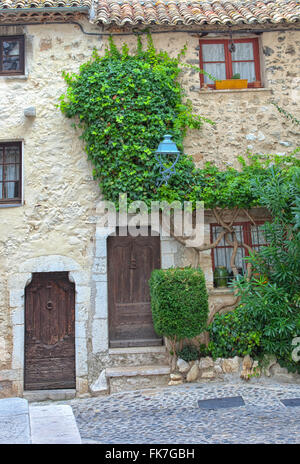 Old traditional stone house with wooden doors, small windows,ivy plant on the wall,on narrow cobbled street in medieval town Stock Photo