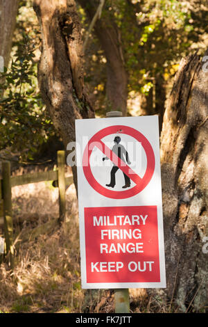 Military firing range keep out sign near Tyneham Village, Dorset UK in March - lost abandoned deserted village Stock Photo