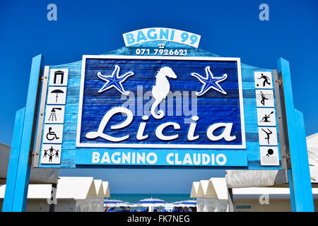 Licia, Bagnino Claudio, seaside resort, bathing area, beach section, bagni, Sign, Senigallia, Ancona, Marken, italiy Stock Photo