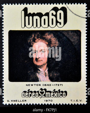 MEXICO - CIRCA 1971: A stamp printed in Mexico from the 'luna 69' issue shows Isaac Newton (1642-1727), circa 1971. Stock Photo