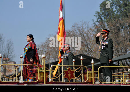 President of Nepal Bidhya Devi Bhandari (L), Chief of the Army Rajendra Chhetri (C) officially inagurates Army Day at Army Pavilion Tundikhel, Kathmandu, Nepal. Nepal Army (NA) observed the Army Day that coincides with Maha Shivaratri festival. A special function was held at the Army Pavilion in Tudikhel in the capital to mark the day at the function, the NA personnel carried out various demonstrations, drills and parade. (Photo by Narayan Maharjan / Pacific Press) Stock Photo
