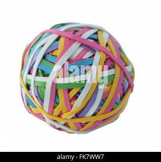 Ball of colourful elastic rubber bands, studio shot isolated on a white background. Stock Photo