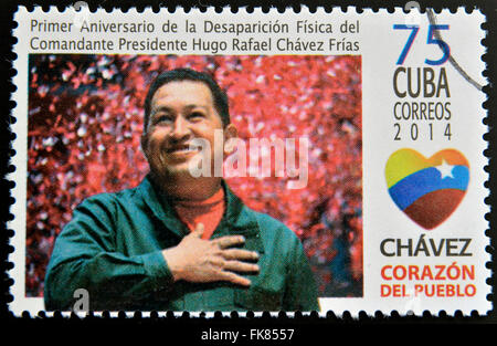 CUBA - CIRCA 2014: A stamp printed in Cuba shows Hugo Rafael Chavez (1954-2013), President of Venezuela, circa 2014 Stock Photo