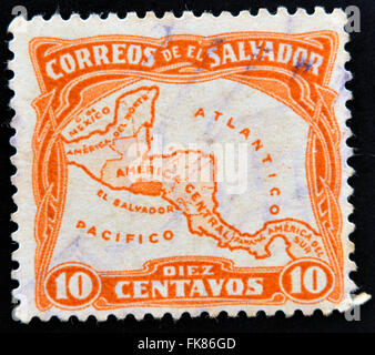 EL SALVADOR - CIRCA 1924: A stamp printed in El Salvador shows Map of Central America showing the location of El Salvador, circa Stock Photo