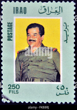 IRAQ - CIRCA 2000: A stamp printed in Iraq shows Saddam Hussein, circa 2000 Stock Photo