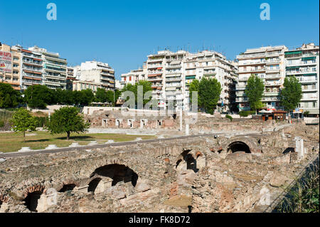 Roman Agora or the Roman Forum in front of modern residential houses, historic centre of Thessaloniki, Central Macedonia, Greece Stock Photo