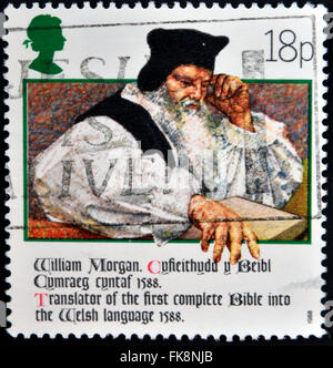 GERMANY - CIRCA 1988: Stamp printed in Germany shows William Morgan, translator of the first complete Bible into the Welsh Stock Photo