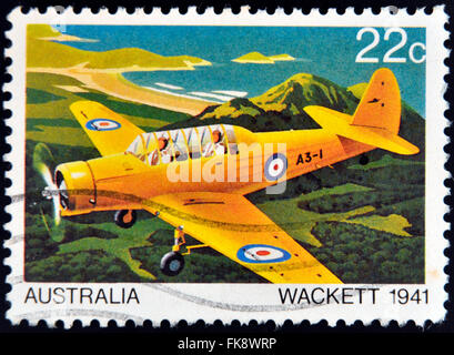 AUSTRALIA - CIRCA 1980: A stamp printed in Australia shows the Wackett trainer aircraft in 1941, circa 1980 Stock Photo