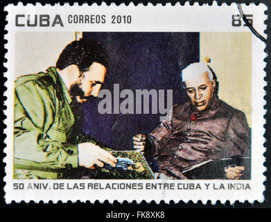 CUBA - CIRCA 2010: A stamp printed in Cuba shows Fidel Castro and President of India, Rajendra Prasad, circa 2010 Stock Photo