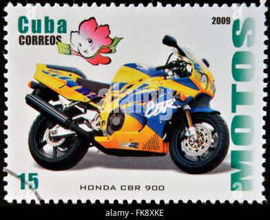 CUBA - CIRCA 2009: A stamp printed in Cuba dedicated to the motorbikes, shows Honda CBR 900, circa 2009 Stock Photo