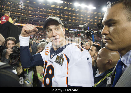 File. 7th Mar, 2016. PEYTON MANNING made an emotional farewell after 18 years to the NFL, a day after the iconic quarterback's retirement was announced by the Super Bowl champion Denver Broncos. Manning, 39, became the oldest starting quarterback in Super Bowl history last month after guiding Denver past the Carolina Panthers 24-10 winning Super Bowl 50, his final game. Pictured: We Are The Champions! : February 7, 2016 - Santa Clara, California, U.S. - Denver Broncos quarterback Peyton Manning (18) at 39 clinches his fist, after winning Super Bowl 50 over the Carolina Panther's 24-10 at Le Stock Photo