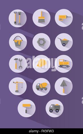 Construction Icons Set. Flat style round vector building illustrations. Stock Vector
