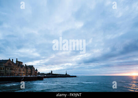 The view from the pier at Aberystwyth looking South with the old college, castle and war memorial. Stock Photo
