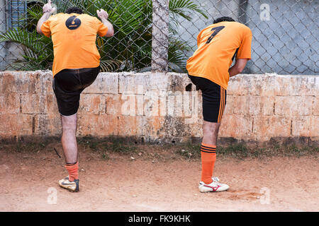 Soccer Players floodplain doing stretching - Lapa district - west Stock Photo