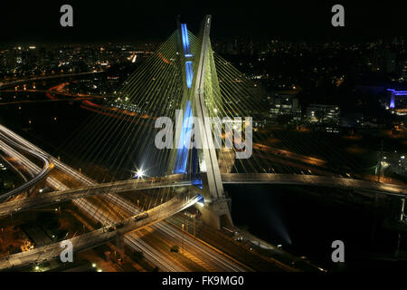 Night view of the cable-stayed Bridge Octavio Frias de Oliveira on the Pinheiros River Stock Photo