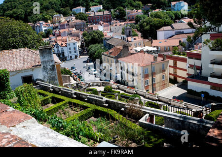 The View from the Royal National Palace of the town of Sintra in the hills above the city of Lisbon in Portugal. Stock Photo