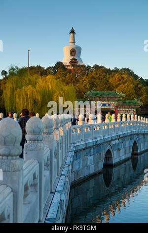 White Tower on Jade Flower Island, Round City, or City of Harmony, in Beihai Park, Beijing, China Stock Photo