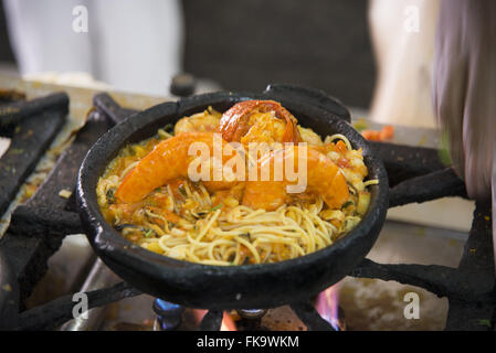 Spaghetti with seafood - shrimp and lobster Stock Photo