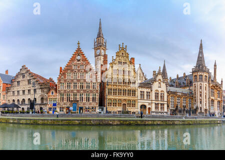 Panorama of Quay Graslei in Ghent town, Belgium Stock Photo