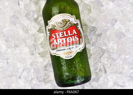 A bottle of Stella Artois Beer closeup on Ice. Horizontal format. Stock Photo