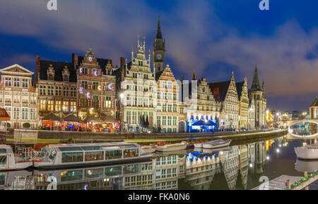 Quay Graslei in Ghent town at evening, Belgium Stock Photo