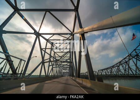 Vicksburg I-20 Bridge with Old Vicksburg Bridge to the right. Crossing the Mississippi River and the Miss La State Line. Stock Photo